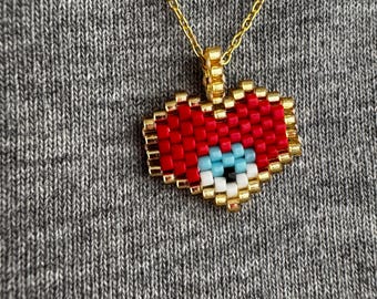Miyuki Red Heart Pendant Necklace: Sterling Silver Chain, Handmade Jewelry