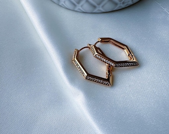 VIP Zircon Stone Hoop Earrings, Rhinestone Large Square Long Hoop, Gold Plated Earrings, Hoop Earring Lovers, Earring Lovers, Gift