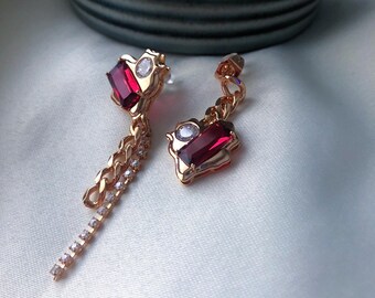 Boucles d'oreilles pendantes plaquées or avec pierre rouge, titane hypoallergénique