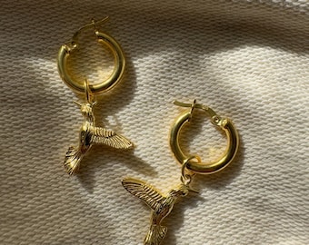 925 Sterling Silver Hummingbird Charm Hoop Earrings, Gold Hummingbird Charm Hoop Earrings, Hoop Earrings, Hummingbird Lover