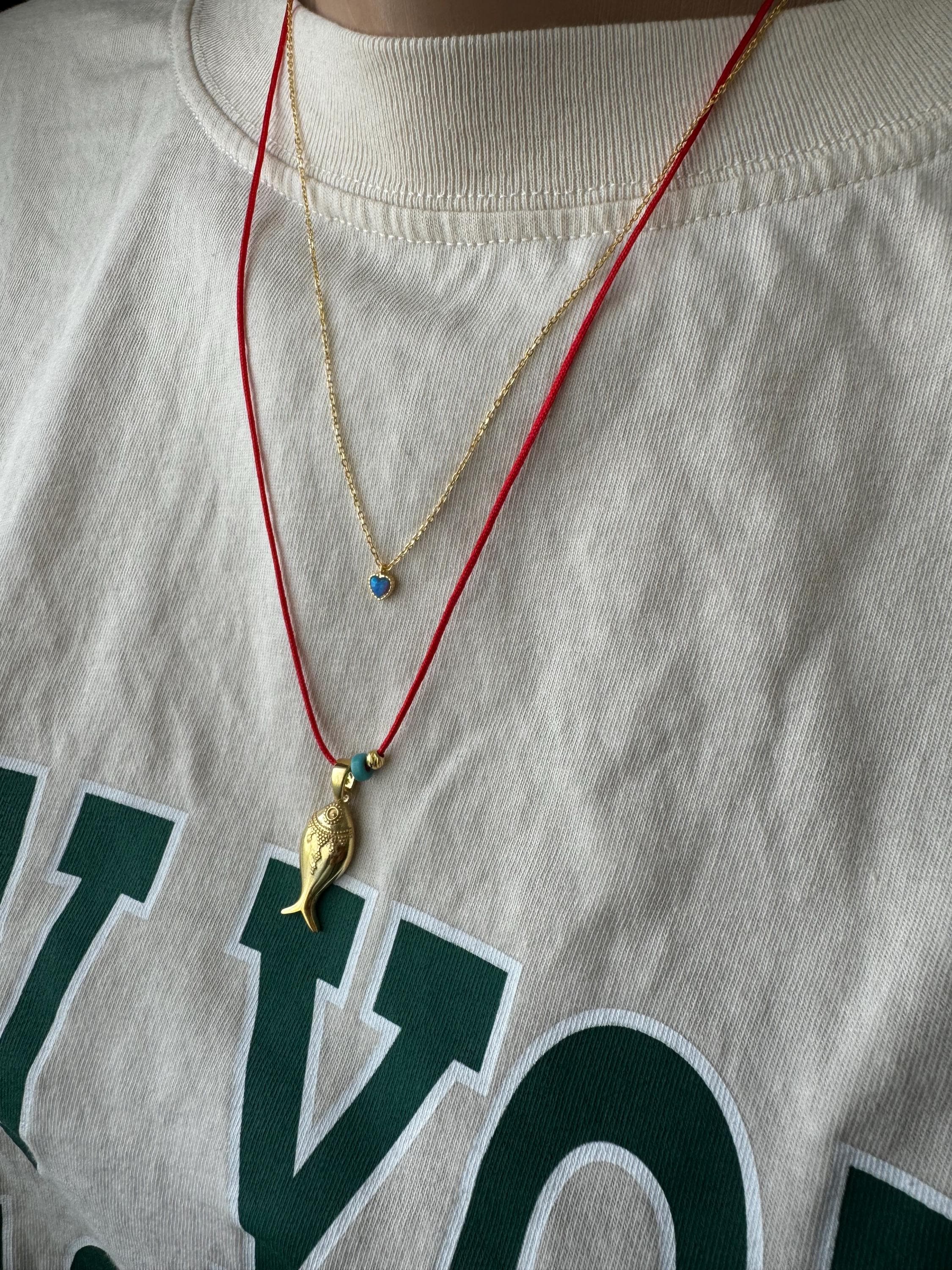 925 Sterling Silver Fish Necklace, Red String Necklace, Minimal Red Necklace, Fish Lover Necklace