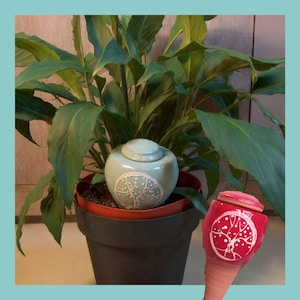 Può includere: Un'urna in ceramica azzurra con un disegno ad albero, posta in un vaso nero con una pianta verde. È presente anche un'urna rossa e bianca a forma di cono gelato. Il testo "Les Demains dans la Terre" è in alto.