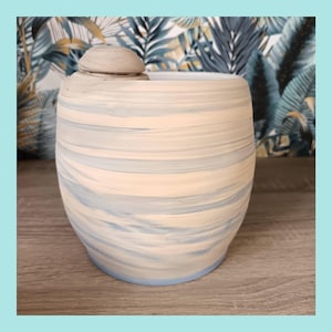 Può includere: Un vaso in ceramica con coperchio, caratterizzato da un design marmorizzato crema e blu. Il vaso ha una forma arrotondata e una base azzurra. Il testo "Les Demains dans la Terre" è in alto. Lo sfondo presenta un motivo a foglie tropicali.