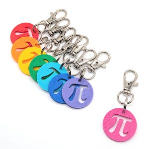May include: A collection of colorful keychains featuring the mathematical symbol pi. Each keychain has a circular design with a cutout pi symbol and a silver-colored clasp. The keychains are in a rainbow of colors, including red, orange, yellow, green, blue, purple, and pink.