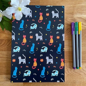 Fun cat notebook, lined notepad, pet journal, cat lover gifts, A4 undersize recycled, cat stationery, school stationery, Christmas.