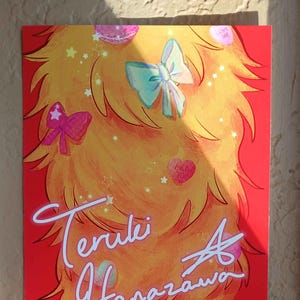 May include: A digital illustration of a person with bright yellow hair, wearing pink heart-shaped sunglasses and a pink shirt. The background is red and the person's name is written in white text: "Teruki Hanazawa".