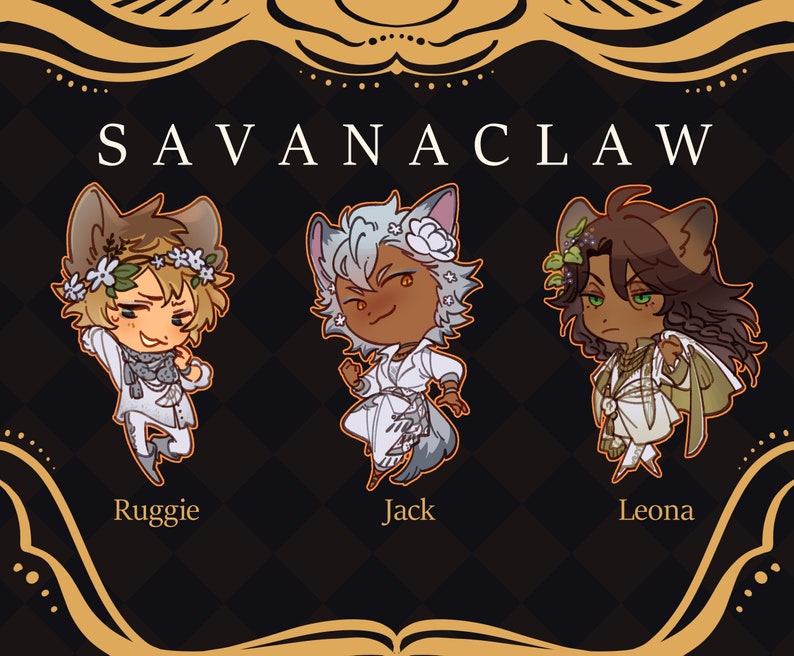 Op de afbeelding: Drie cartoonfiguren uit de Savanaclaw-slaapkamer in het videospel Twisted Wonderland. De personages zijn Leona, Jack en Ruggie. Leona is een leeuwin met bruin haar en groene ogen, Jack is een wolf met wit haar en oranje ogen, en Ruggie is een hyena met bruin haar en gele ogen. Alle drie de personages dragen witte outfits met bloemmotieven.