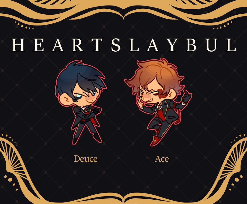 Puede incluir: Dos personajes de dibujos animados, Deuce y Ace, del dormitorio Heartslaybul del videojuego Twisted Wonderland. Deuce lleva un traje negro con un chaleco rojo y una corbata roja. Ace lleva un traje negro con un chaleco rojo y una corbata roja. Los personajes est&aacute;n de pie sobre un fondo negro con un patr&oacute;n dorado.