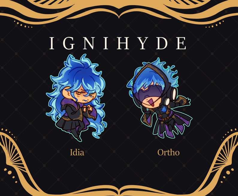 Puede incluir: Se muestran dos personajes de dibujos animados del videojuego "Twisted Wonderland". Los personajes son Idia Shroud y Ortho Shroud del dormitorio "Ignihyde". Idia es un chico de pelo azul con un atuendo morado y negro. Ortho es un chico de pelo azul con un atuendo negro y morado. Los personajes se muestran sobre un fondo negro con un marco dorado.