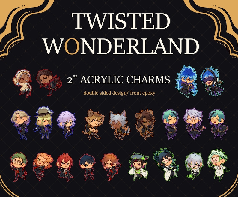 Puede incluir: Un conjunto de charms de acr&iacute;lico de 5 cm que representan personajes del anime Twisted Wonderland. Los personajes est&aacute;n representados en estilo chibi y llevan sus atuendos caracter&iacute;sticos. Los charms son de doble cara y tienen un revestimiento de epoxi en la parte delantera.