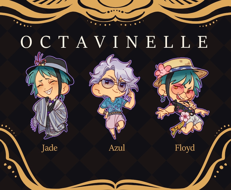 Op de afbeelding: Drie cartoonfiguren uit de anime "Twisted Wonderland" met de tekst "Octavinelle" erboven. De personages zijn Jade, Azul en Floyd. Jade draagt een blauwe hoed en een lange witte en blauwe robe. Azul draagt een blauw-wit shirt, een zonnebril en een roze short. Floyd draagt een witte hoed met een bloem, een bloemenoverhemd en een witte short.