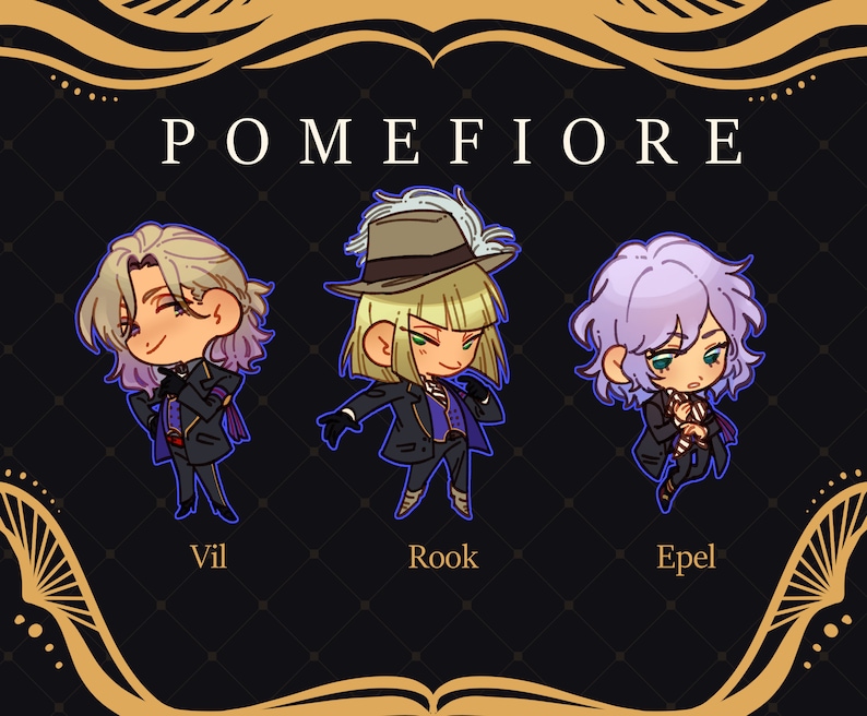 Puede incluir: Tres personajes de dibujos animados del anime "Twisted Wonderland" con el texto "POMEFIORE" encima. Los personajes son Vil, Rook y Epel. Vil es un joven con cabello rubio y ojos morados. Lleva un traje negro con un chaleco morado y una camisa blanca. Rook es un joven con cabello rubio y ojos azules. Lleva un traje negro con un chaleco morado y una camisa blanca. Tambi&eacute;n lleva un sombrero negro con una pluma blanca. Epel es un joven con cabello morado y ojos azules. Lleva un traje negro con un chaleco morado y una camisa blanca.