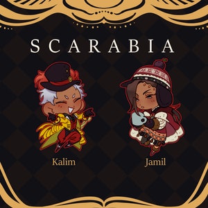 Op de afbeelding: Twee cartoonfiguren uit de Scarabia-slaapkamer in Twisted Wonderland. Kalim draagt een rood-gele outfit met een zwarte hoge hoed. Jamil draagt een rood-witte outfit met een zwart-witte hoed. De achtergrond is zwart met een gouden frame.