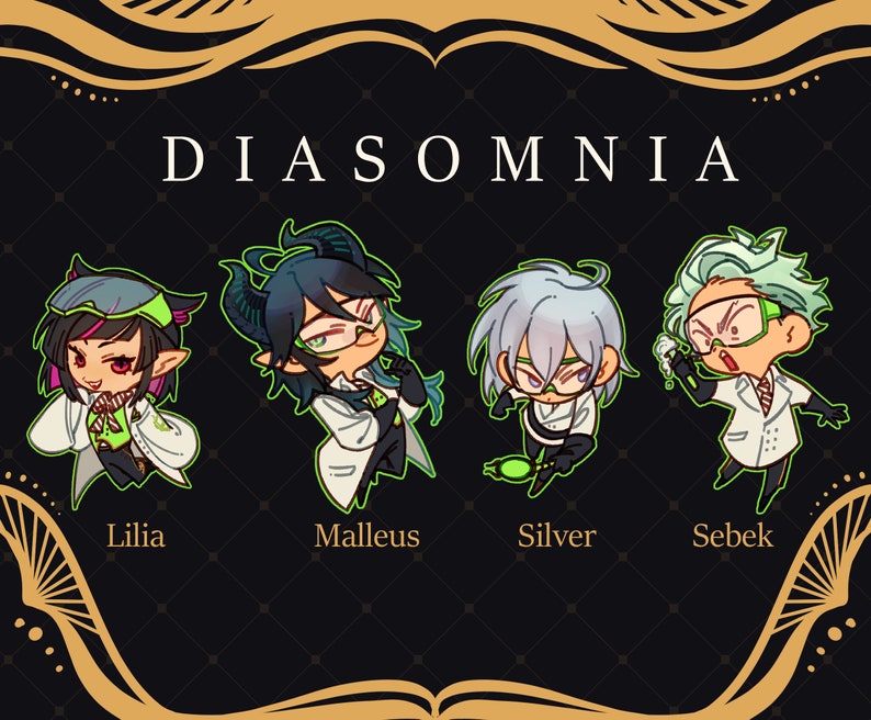 Puede incluir: Cuatro personajes de dibujos animados del juego Disney Twisted Wonderland, dormitorio Diasomnia, en estilo chibi. Lilia, Malleus, Silver y Sebek llevan batas de laboratorio y detalles verdes. El texto "DIASOMNIA" est&aacute; en la parte superior de la imagen.