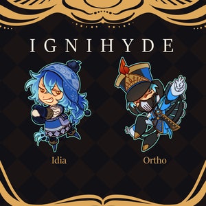 Op de afbeelding: Twee cartoonfiguren uit het videospel "Twisted Wonderland" worden getoond. De personages zijn Idia en Ortho van de slaapzaal "Ignihyde". Idia draagt een blauwe en witte winteroutfit en een blauwe hoed. Ortho draagt een blauw en gouden uniform met een zwart masker. De tekst "Ignihyde" staat boven de personages.