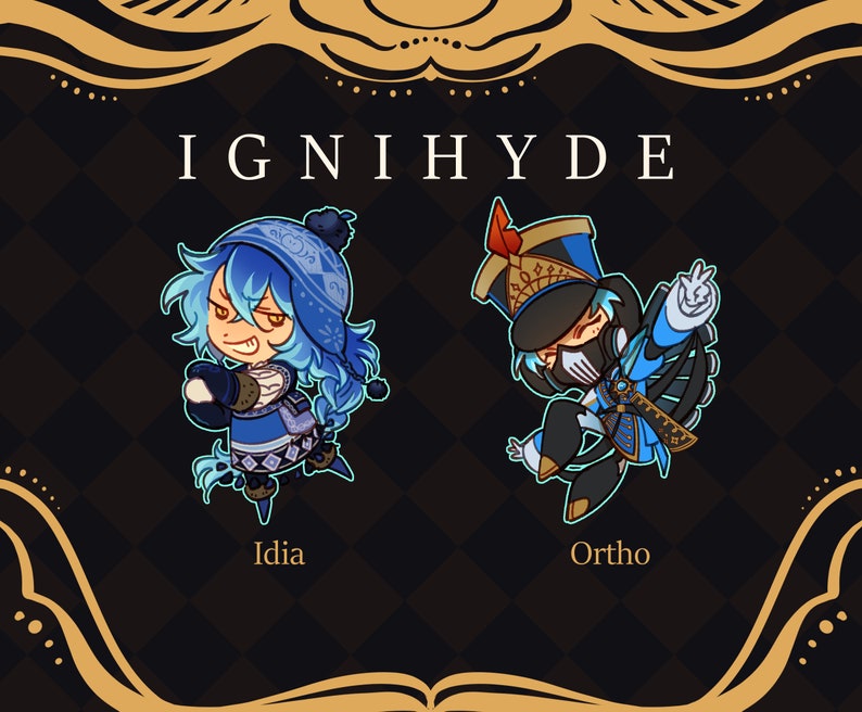 Op de afbeelding: Twee cartoonfiguren uit het videospel "Twisted Wonderland" worden getoond. De personages zijn Idia en Ortho van de slaapzaal "Ignihyde". Idia draagt een blauwe en witte winteroutfit en een blauwe hoed. Ortho draagt een blauw en gouden uniform met een zwart masker. De tekst "Ignihyde" staat boven de personages.