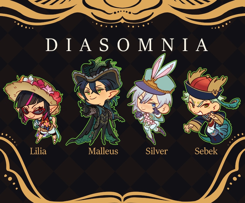 Op de afbeelding: Vier cartoonfiguren uit de Disney Twisted Wonderland game, Diasomnia slaapzaal. De personages zijn Lilia, Malleus, Silver en Sebek. Elk personage draagt een andere outfit en heeft een unieke uitdrukking.