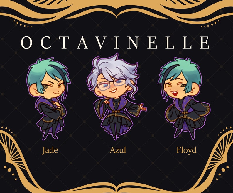 Puede incluir: Se muestran tres personajes de dibujos animados del anime "Twisted Wonderland". Los personajes son Jade, Azul y Floyd del dormitorio Octavinelle. Todos llevan atuendos negros y morados con detalles dorados. Los personajes est&aacute;n de pie frente a un fondo negro con un marco dorado.