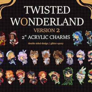 Op de afbeelding: Een set van 5 cm grote acrylcharms met personages uit de anime Twisted Wonderland. De charms zijn dubbelzijdig en hebben glitterepoxy-accenten. De personages omvatten: Riddle Rosehearts, Trey Clover, Cater Diamond, Ace Trappola, Deuce Spade, Leona Kingscholar, Jack Howl, Ruggie Bucchi, Azul Ashengrotto, Jade Leech, Floyd Leech, Kalim Al-Asim, Jamil Viper, Vil Schoenheit, Rook Hunt, Epel Felmier, Idia Shroud, Ortho Shroud, Malleus Draconia, Lilia Vanrouge, Silver, Sebek Zigvolt, en de personages uit de Heartslabyul-slaapkamer.