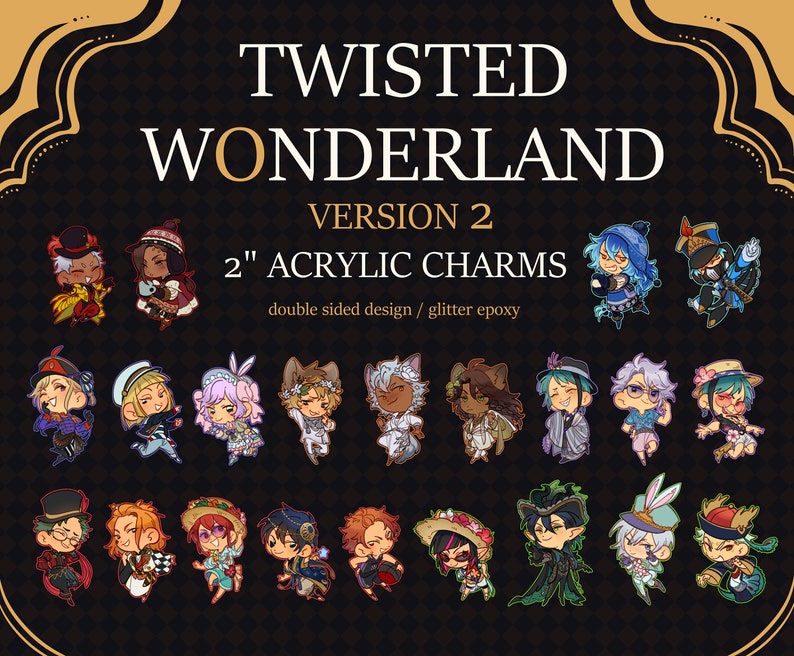 Op de afbeelding: Een set van 5 cm grote acrylcharms met personages uit de anime Twisted Wonderland. De charms zijn dubbelzijdig en hebben glitterepoxy-accenten. De personages omvatten: Riddle Rosehearts, Trey Clover, Cater Diamond, Ace Trappola, Deuce Spade, Leona Kingscholar, Jack Howl, Ruggie Bucchi, Azul Ashengrotto, Jade Leech, Floyd Leech, Kalim Al-Asim, Jamil Viper, Vil Schoenheit, Rook Hunt, Epel Felmier, Idia Shroud, Ortho Shroud, Malleus Draconia, Lilia Vanrouge, Silver, Sebek Zigvolt, en de personages uit de Heartslabyul-slaapkamer.