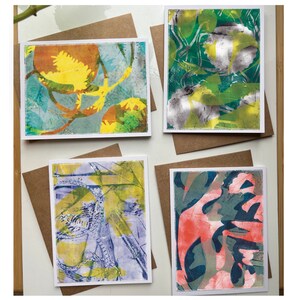 Juego de tarjetas de primavera abstracto único, impresiones de la naturaleza, interior en blanco, imágenes de monoimpresiones impresas a mano, envío gratuito en EE. UU.