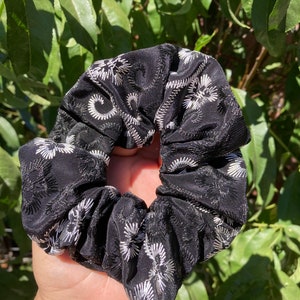 LIMITED EDITION embroidered swirls and flower black and white scrunchy