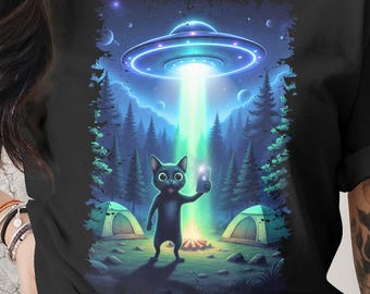 Camiseta divertida con selfie de gato, abducción OVNI, camiseta de ciencia ficción alienígena