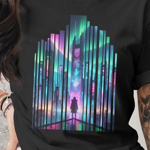 Futuristic Cityscape T-Shirt, Aurora Borealis, Neon Lights, Cyberpunk Fashion, Trendy T-Shirt, Gift for Sci-Fi Lover