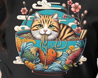 Camiseta de gato ramen: divertida camiseta de anime de fideos japoneses