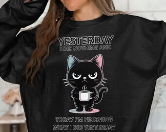 May include: Black sweatshirt with the text "YESTERDAY I DID NOTHING AND TODAY I'M FINISHING WHAT I DID YESTERDAY." A cartoon black cat with an angry expression holds a coffee cup. The cat's ears are pink and blue.