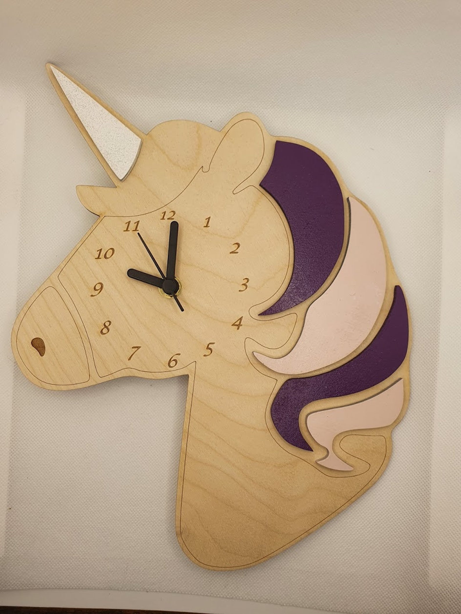 Personalised wooden unicorn clock pink and purple mane with Etsy