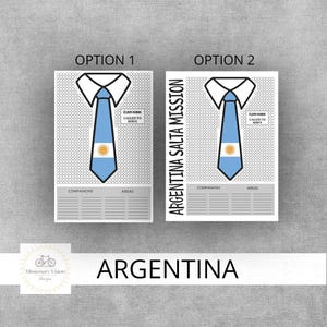 May include: Two design options for a print featuring a tie with the Argentinian flag design, a white shirt collar, and the text "Elder Hobbs Called to Serve." The word "Argentina" is displayed at the bottom.