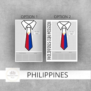 May include: Two design options for a Philippines-themed print. Each features a white shirt collar and tie in the colors of the Philippine flag. The text reads "Elder Conklin Called to Serve" and "Philippines Cebu Mission."