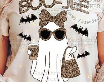 Boo Jee Leopard Print Ghost PNG, Halloween Coffee Ghost Shirt, Trendy Halloween PNG, Cute Spooky Season