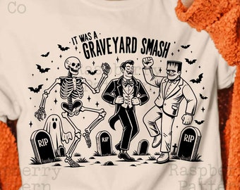 Graveyard Smash PNG, Dancing Skeleton PNG, Dracula Frankenstein Halloween Shirt,Trending Retro Halloween PNG,Vintage Halloween Tshirt design