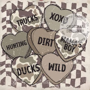 Boy Valentine PNG: Camo Valentine Hearts Design, Conversation Hearts PNG, Mama's Boy PNG, Hunting Trucks Ducks Camo, Retro Valentine