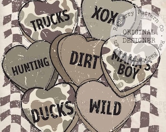 Saint-Valentin garçon PNG : Design coeurs Camo Saint-Valentin, conversation coeurs PNG, garçon PNG de maman, camo de chasse camions canards, Saint-Valentin rétro