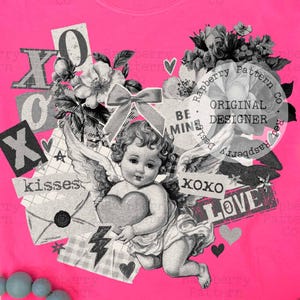 May include: Bright pink crew neck t-shirt with a collage design. The design includes an angel holding a heart, flowers, and the words "XOXO", "kisses", and "LOVE". The shirt is made of a soft material.