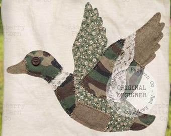 Patchwork Camo Flying Mallard Duck PNG, Faux Quilted Appliqué Grandmacore Hunting Design, Southern Vintage Digital Download