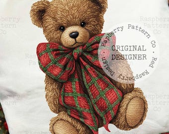 Oso de peluche navideño de lana sintética, lazo navideño a cuadros, clipart navideño tradicional, clipart navideño viral, camiseta navideña de moda