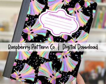 Portada imprimible para cuaderno de composición (PNG), cuaderno de composición con fantasma iridiscente (PNG), fantasma holográfico (PNG), cuaderno personalizado con diseño femenino