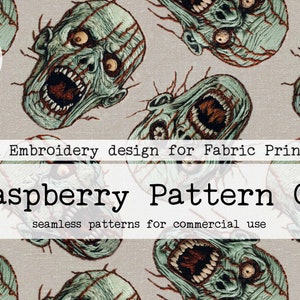 Peut inclure: Un motif sans couture représentant un motif répété de visages de zombies cousus en vert et rouge avec la bouche ouverte et des yeux blancs. Le motif est intitulé "Raspberry Pattern Co. motifs sans couture pour usage commercial".