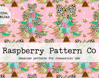 May include: A seamless pattern featuring pink and green Christmas trees with gold glitter and black and white polka dot bows. The background is pink with white speckles.