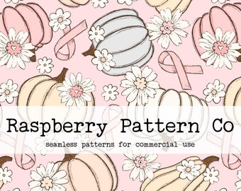 Cancer Pink Ribbon Floral Pumpkin Seamless Pattern Boho Neutral for Commercial Use, October we wear pink seamless, cancer awareness seamless