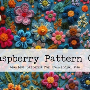 May include: A seamless pattern featuring a variety of colorful embroidered flowers on a blue background. The text "Raspberry Pattern Co. seamless patterns for commercial use" is displayed at the bottom of the image.