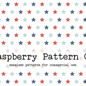 May include: A seamless pattern featuring a repeating design of red, blue, and light blue stars on a white background. The text "Raspberry Pattern Co. seamless patterns for commercial use" is at the bottom of the image.