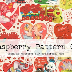 May include: A seamless pattern featuring vintage Valentine's Day illustrations. The pattern includes hearts, flowers, animals, and text such as "Nothing "Phoney" about this! Be My Valentine" and "You'd be a Peach".