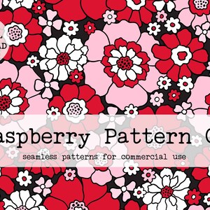 May include: A seamless pattern featuring red, pink and white flowers on a black background. The pattern is titled "Raspberry Pattern Co. seamless patterns for commercial use".