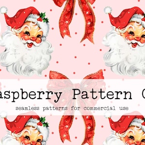 May include: A seamless pattern featuring a vintage illustration of Father Christmas with a red hat and white beard on a pink background with red polka dots. The pattern also includes red bows with gold glitter.