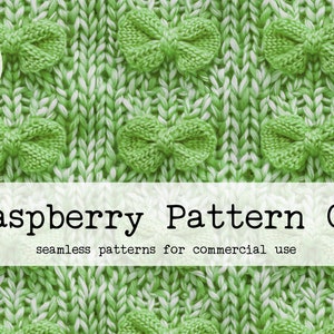 May include: A close-up of a green knitted fabric with white yarn woven throughout. The fabric has a repeating pattern of green bows.